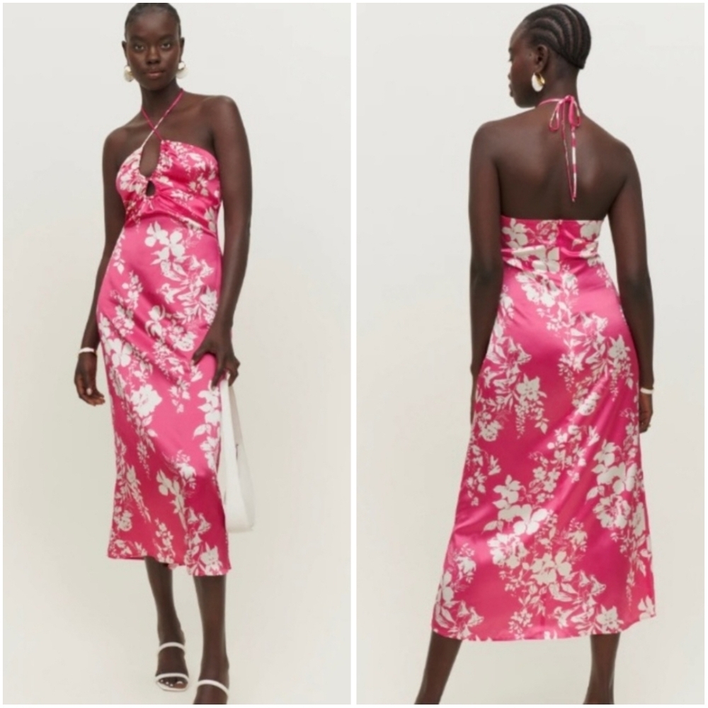 Reformation Antoni 100% Silk Midi Halter Dress in Hothouse Pink White NWT New